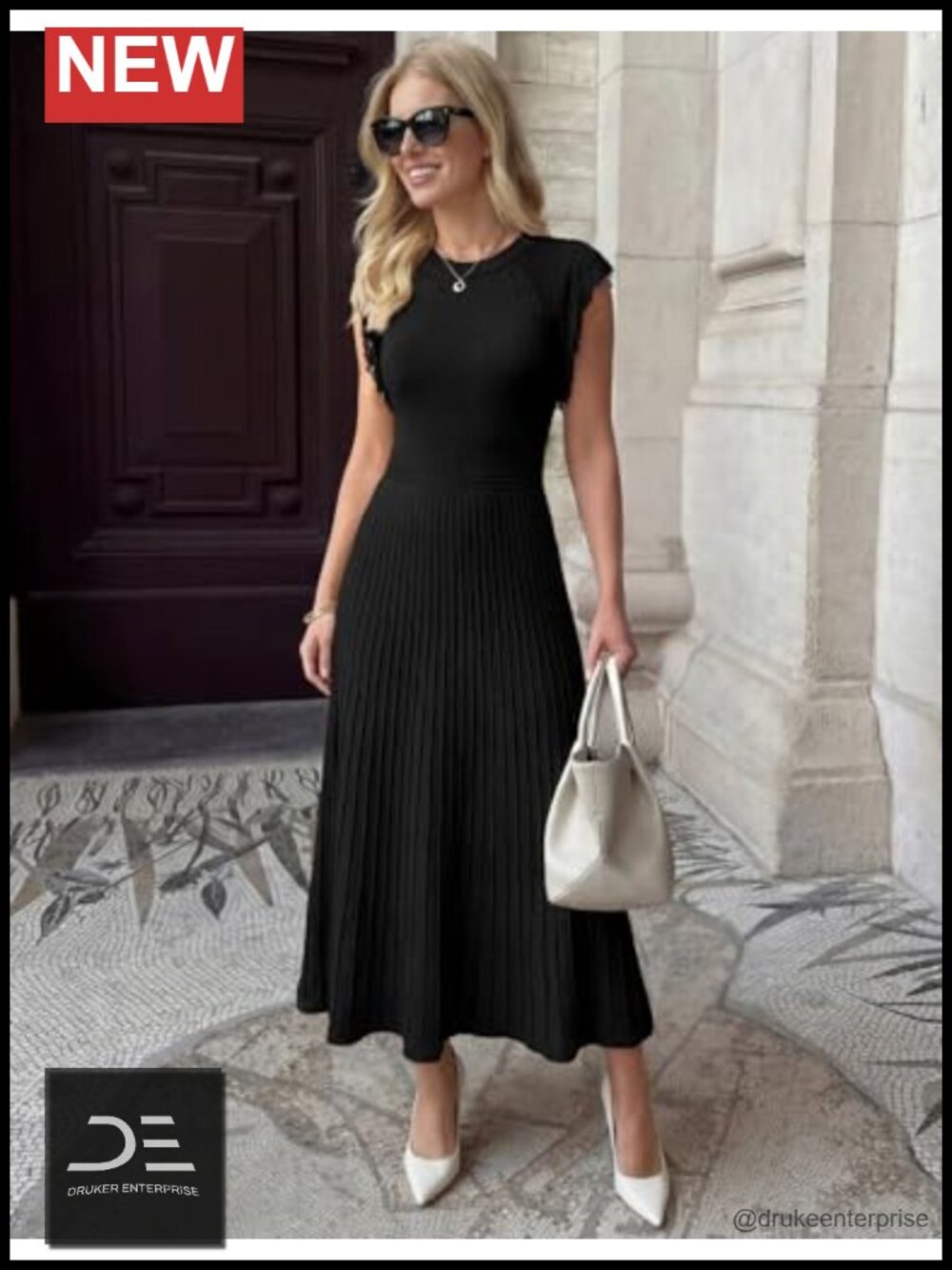 Sleeveless Fringe A-Line Pleated Midi Dress Ribbed Knit - Picture 5 of 6